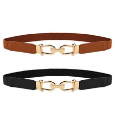 Women Stretchy Thin Waist Belt, Retro Elastic Skinny Belt with Gold Buckle fo...