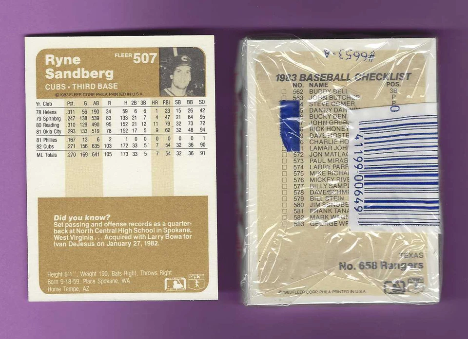 1983 Fleer бейсбол BBCE виолончель упаковка + 1983 Fleer Ryne Sandberg #507 дебютант карта - Изображение 2 из 4