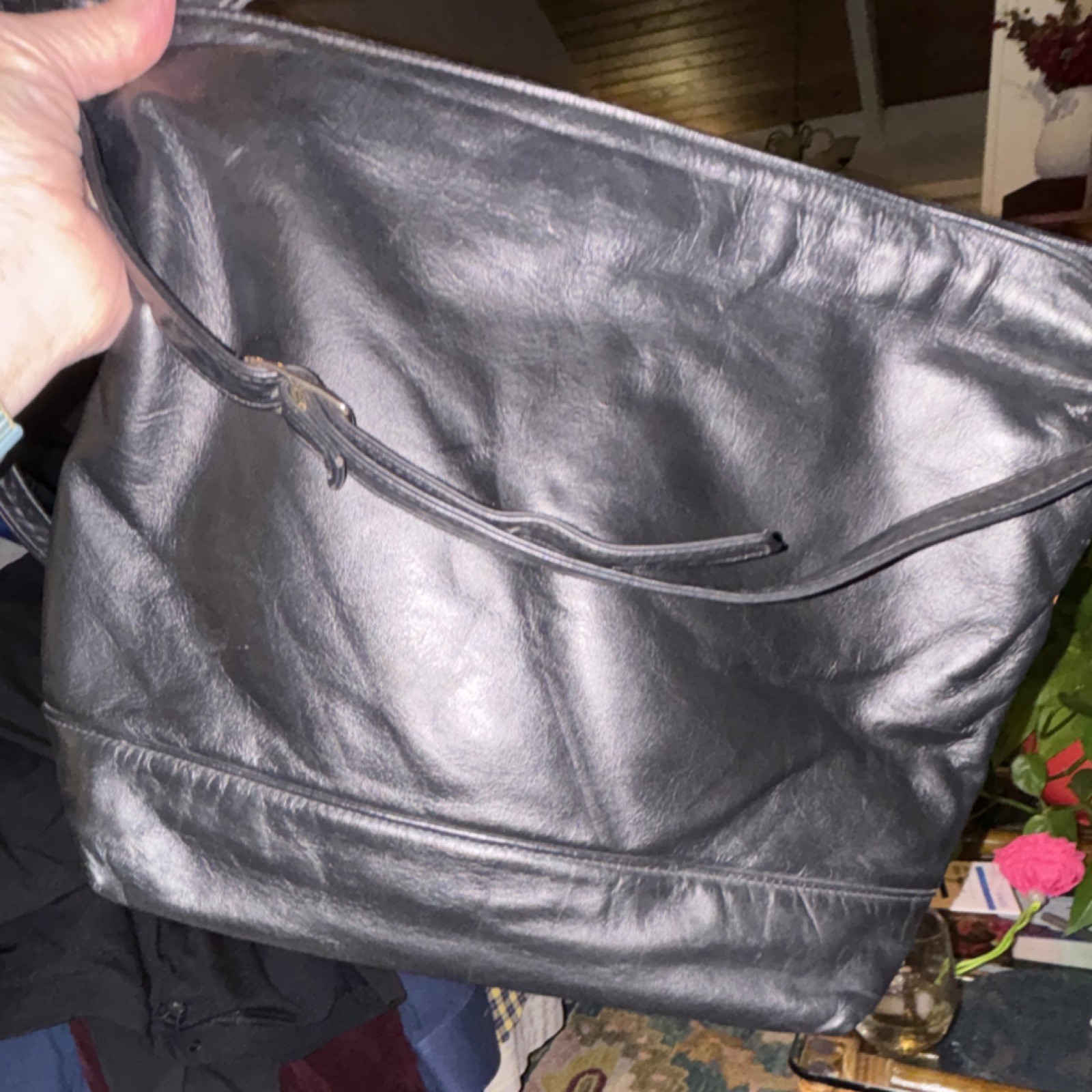 Brown Black Embossed Leaf Pattern Shoulder Bag Zi… - image 2