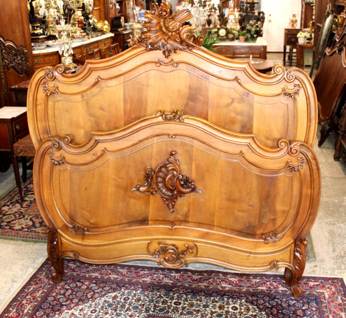 French Antique Carved Solid Walnut Louis XV Full Size Bed