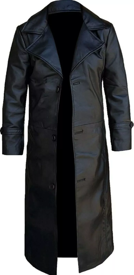 Men's Real Leather Long Winter Trench Coat Full Length Duster Black Overcoat US