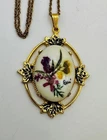 Milk Glass Dried Flowers Necklace Pendant Vintage Bohemian 1970s Gold Tone