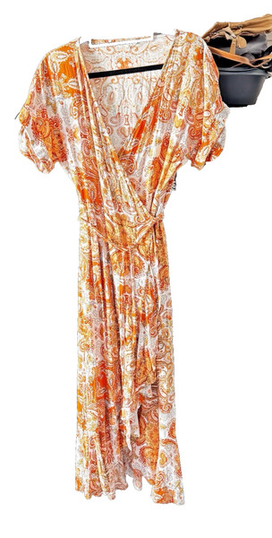 IRIS MAXI HI LOW HEM ORANGE PAISLEY PRINT WRAP DRESS-SIZE 12 - LINED SKIRT