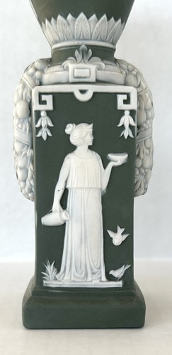 Antique Schafer & Vater Green Jasperware Vases Matching Pair Maidens c1890 - Picture 7 of 13