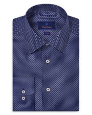 David Donahue Trim Fit Neat Dress Shirt Men's 15.5 34/35 Navy Print Long Sleeve