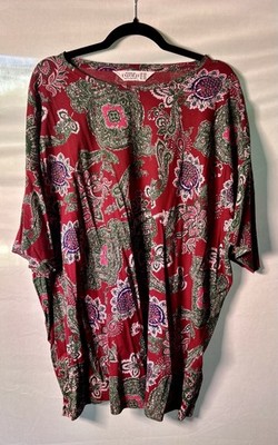 Ulla Popken Studio Untold Scoop Neck Maroon Paisley Cotton Top Plus Size 24/26