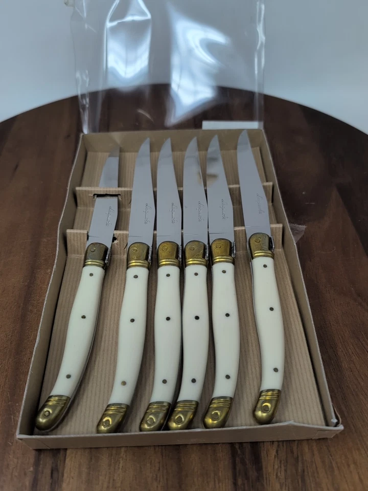 (6) Cuchillos para carne Laguiole imitación marfil latón mango abeja nuevos Foto 2 de 3