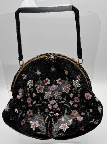 Antique Vintage Morabito Paris Beaded Purse Handbag Black With Floral Designs - Picture 2 of 12
