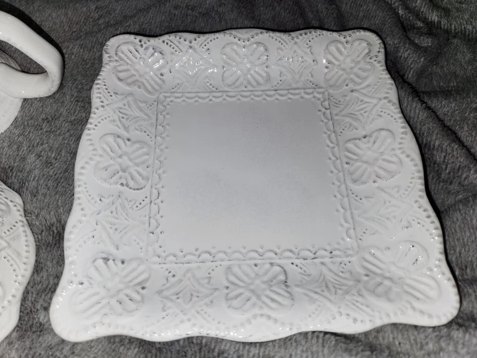 Maison Versailles Blanc Elisabeth 4 Pc Set Dinner Plates Bowl Mug Square White A - Image 4 of 4