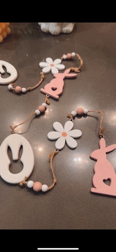 Easter Decorations Spring Pink and White Bunny Garland Wood Ornament - Picture 3 of 5