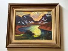 MID CENTURY PAINTING MODERNISM EXPRESSIONISM LANDSCAPE SIGNED MYSTERY OIL SUNSET