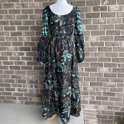 Vintage 1970’s Frank Usher London Maxi Dress Size 40 Woven Puff Sleeves  Teal