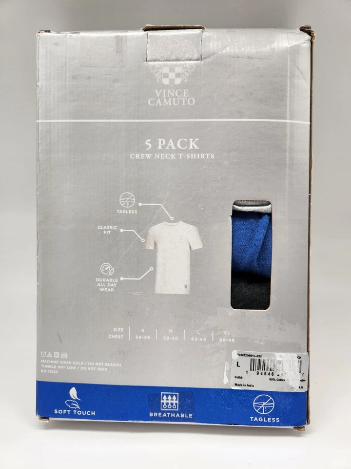 Conjunto de camisetas masculinas VINCE CAMUTO M L 4 pacotes branco cinza azul gola redonda algodão - Imagem 2 de 2