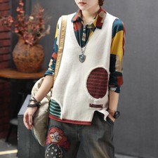 Lady Knitted Tank Tops Vest Waistcoat Retro Soft Knitwear Jumper Sweater Patch