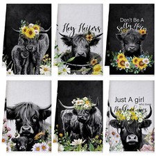6Pk Farmhouse Kitchen Towels Highland Cow Dish Hand Towels for Kitchen Bathroom