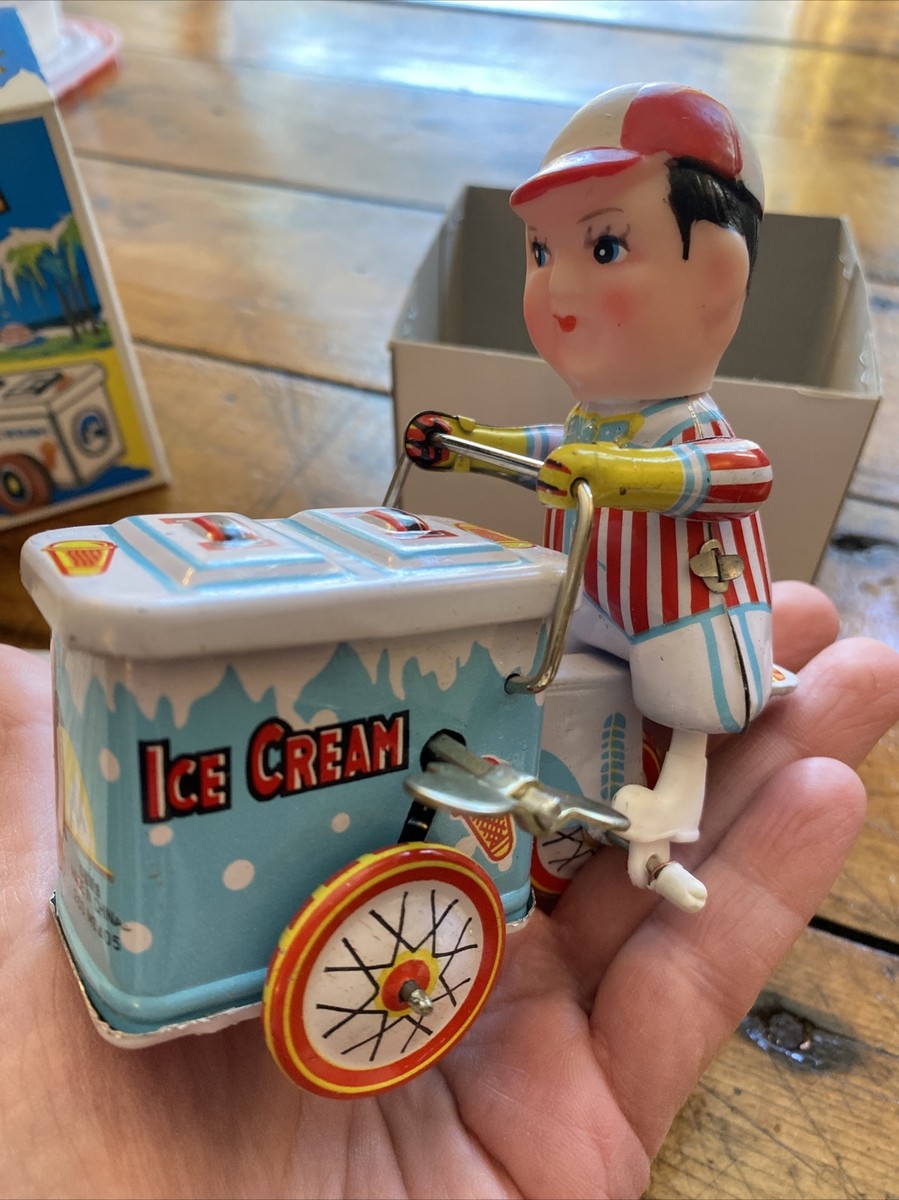 Vintage Tin Toy Clockwork Wind Up Ice Cream Cart Boy Vendor Pedal