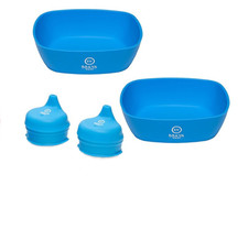 BABY / TODDLER FEEDING SET 2 Silicone no slide Bowls 2 Sippy Lids Blue NEW