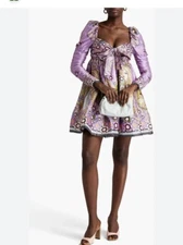 NEW Zimmerman Cosmic Twist Front purple bow ruched sleeve flare dress