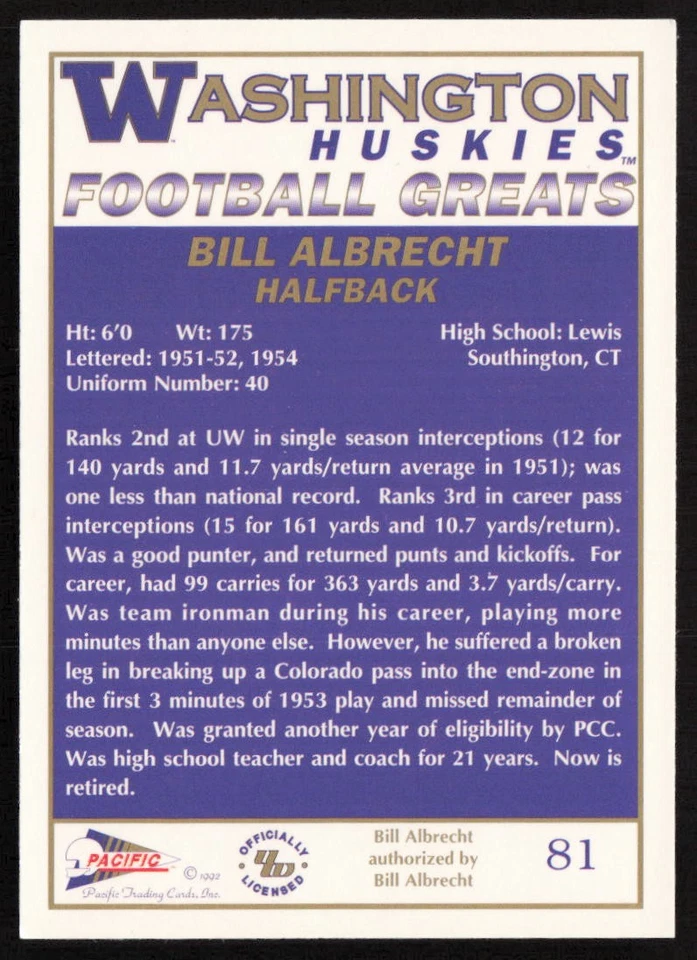 1992 Pacific Greats Washington Huskies Bill Albrecht #81 Washington Huskies - Image 2 of 2