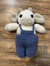 Handmade Crochet Cow Blue Overalls Amigurumi 12.5 Plush Stuffed Animal