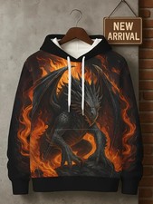 3D Fire Dragon Hoodie Black Flame Beast Graphic Pullover Sweatshirt Unisex