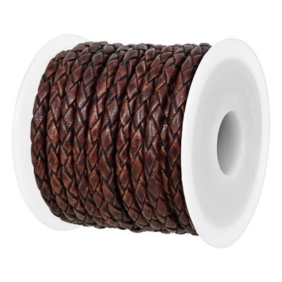 Genuine Round Braided Leather Cord - 5m Antique Brown Rope for Crafts, Jewelry,