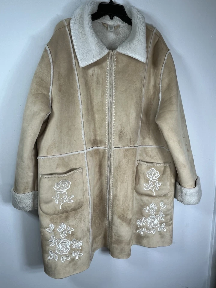 faux leather jacket y2k vintage beige microsuede sherpa embroidered boho Coat - Image 3 of 4