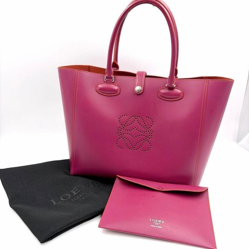 LOEWE Anagram Perforated Tote Bag Calf Leather Vintage Auth From Japan