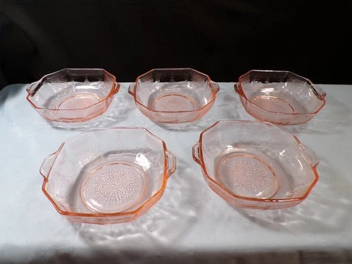 Set of 5 Anchor Hocking Pink Depression Glass Princess Fruit Berry Dessert Bowls