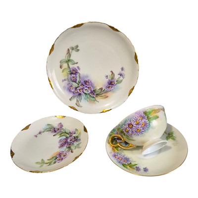 R.C. Versailles Bavaria Painted Gilded Purple Floral Porcelain 4piece Tea Set