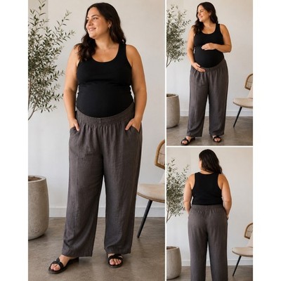 Emme Charcoal Gray 100% Linen Smocked Waist Straight Leg Pants Women 3XL NWT