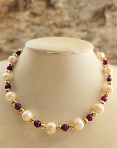Genuine Red Ruby And Freshwater Baroque Pearls In Gold Plated Classic Necklace - Picture 1 of 9
