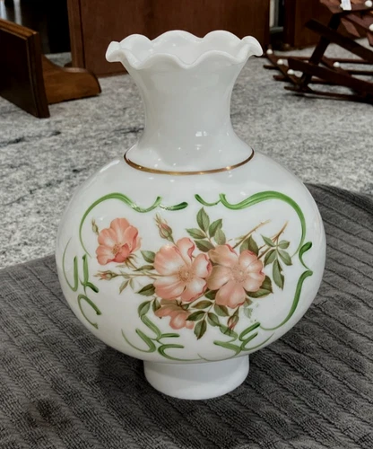 Vtg Hurricane Lamp Chimney Shade Hdpt Floral White Milk Glass  * 2 3/4" fitter