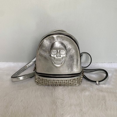 PHILIPP PLEIN Mini Cornelia Silver Crystal Studded Skull Leather Backpack