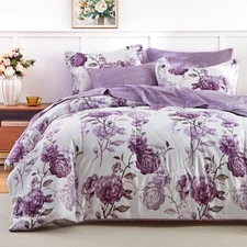 AIKASY 7-Piece Queen Size Bed in a Bag Comforter Set - Thistle Purple Floral ...