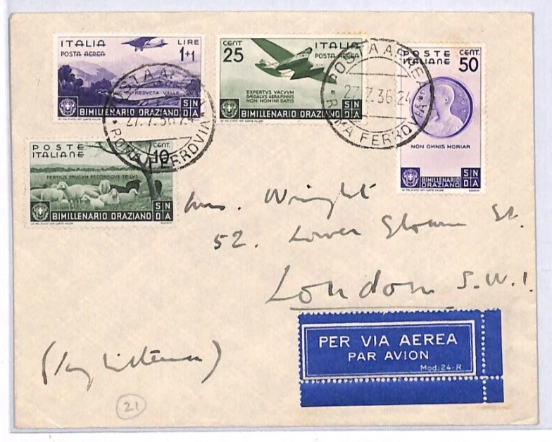 ITALY Air Mail 1936 FLACCUS 1L+1L Violet Cover Scott $600+ {samwells}YT17 - Image 2 of 4