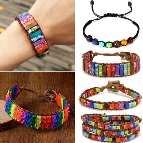 7 Chakra Natural Stone Healing Beads Bracelet Leather Bangle Wrap Jewelry Women - Picture 2 of 25