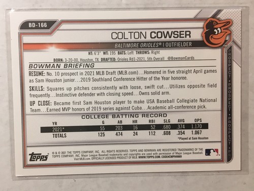 2021 Bowman Draft Colton 1st Purple #d 227/250 - Picture 2 of 2