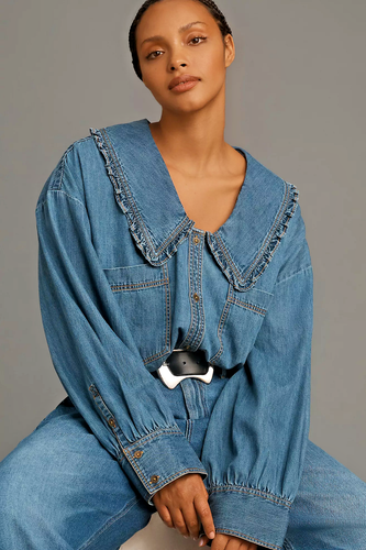 ANTHROPOLOGIE PILCRO VOLANTE CUELLO DENIM BUTTONDOWN BLUSA CAMISA TOP AZUL XL 1X - Imagen 5 de 7