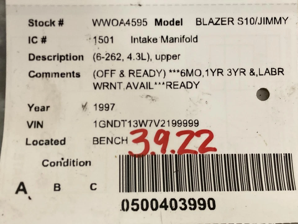 Used Upper Engine Intake Manifold fits: 1997 Chevrolet Blazer s10/jimmy s15 6-26 Foto 3 de 4