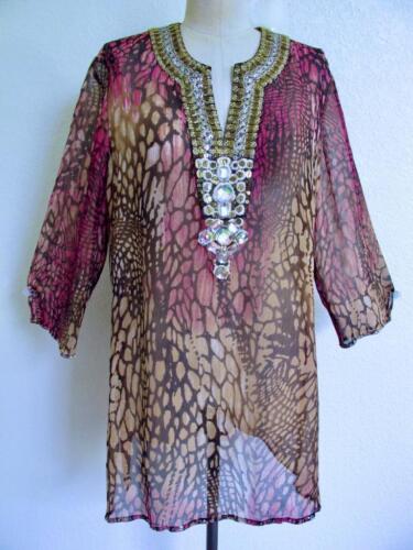 Chico's Crinkle Silk Chiffon Boho Top 2 (L 12) Embroidered Jewels Sequins Brown - Picture 1 of 16
