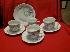 Mitterteich Bavaria 4 Cups, 3 Octagon Saucers,1 Octagon Salad Plate Blue Flowers
