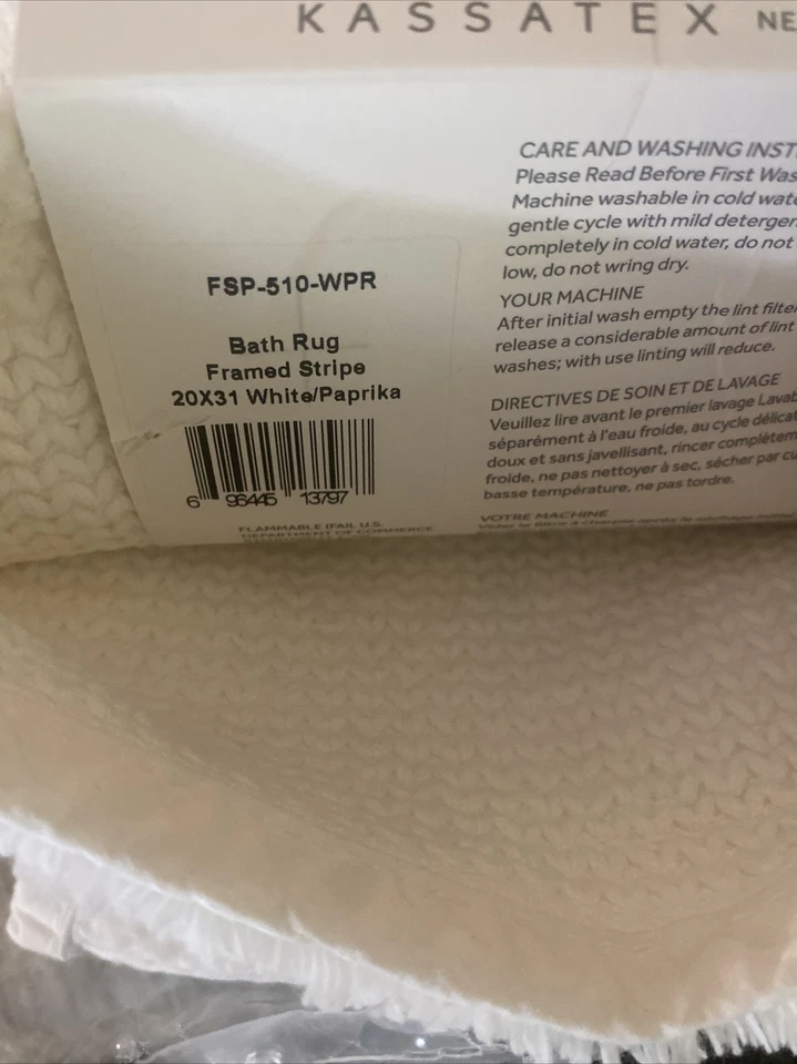 Alfombra de baño Kassatex 100 % algodón 20x31 en marco a rayas pimentón blanco nueva @ Foto 4 de 4