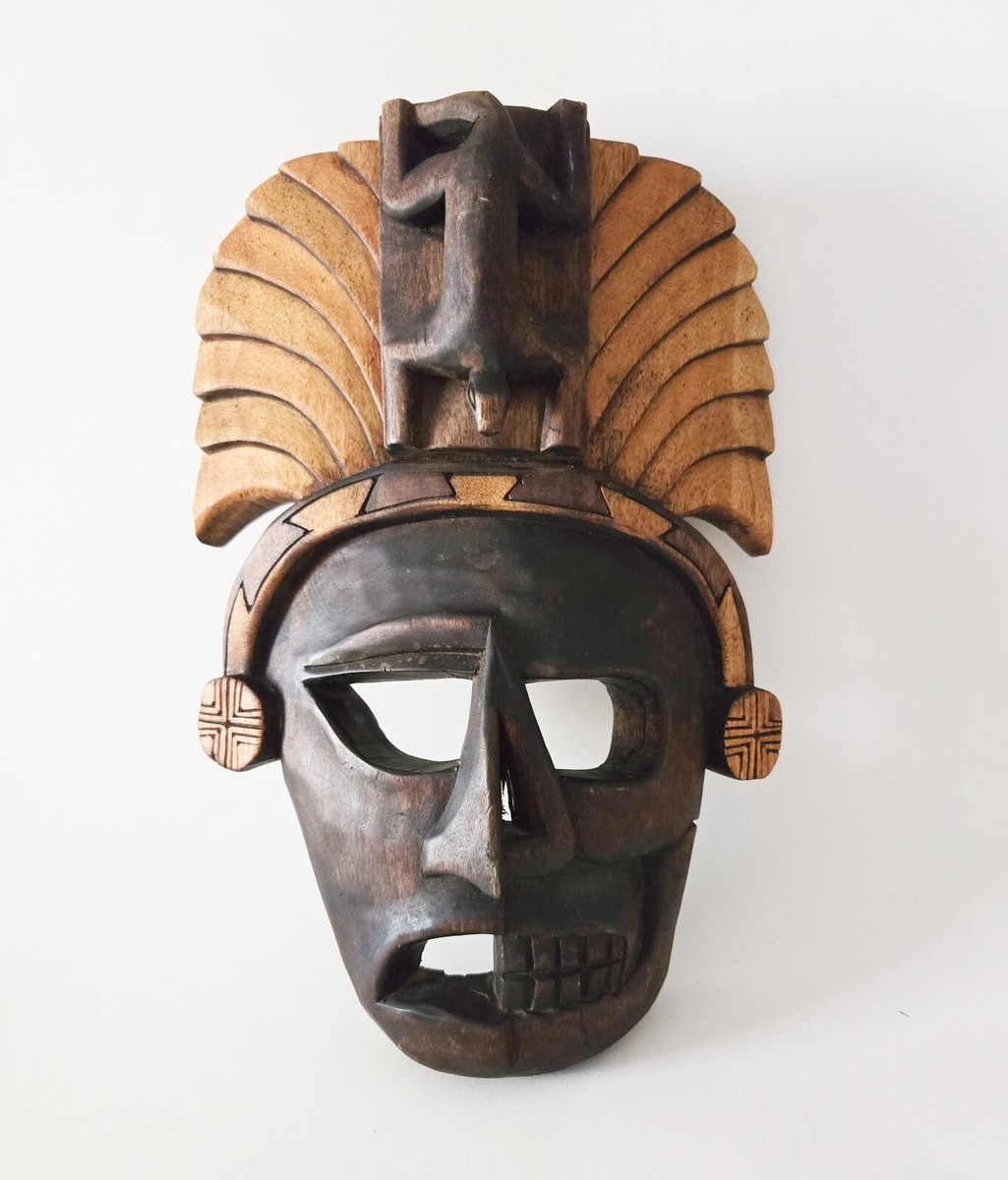 Vintage Mayan Warrior Mask Hand Carved Wood Half Skeleton Half
