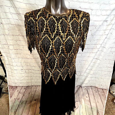 laurence kazar beaded dress VTG Laurence Kazar Size Medium Silk Black Beaded Dress w/Gold Sequins 100%  Silk