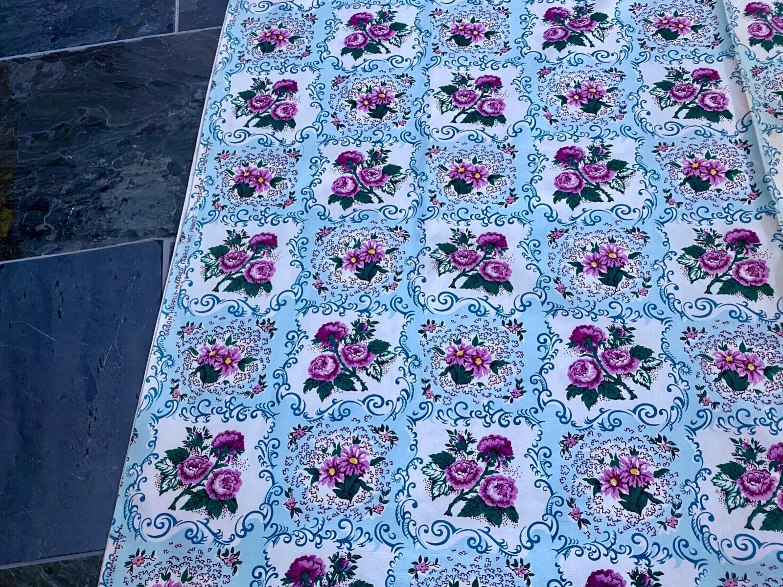 40's Purple & Turquoise Shabby Chic Rococo Barkcloth Era Vintage Fabric