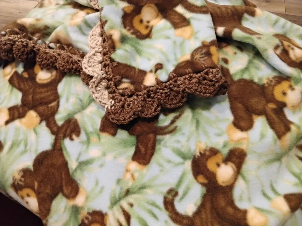 Baby Boy Fleece Jungle Monkeys Wrap-Around Blanket Brown Green Wrap 30" x 50" - Image 2 of 4