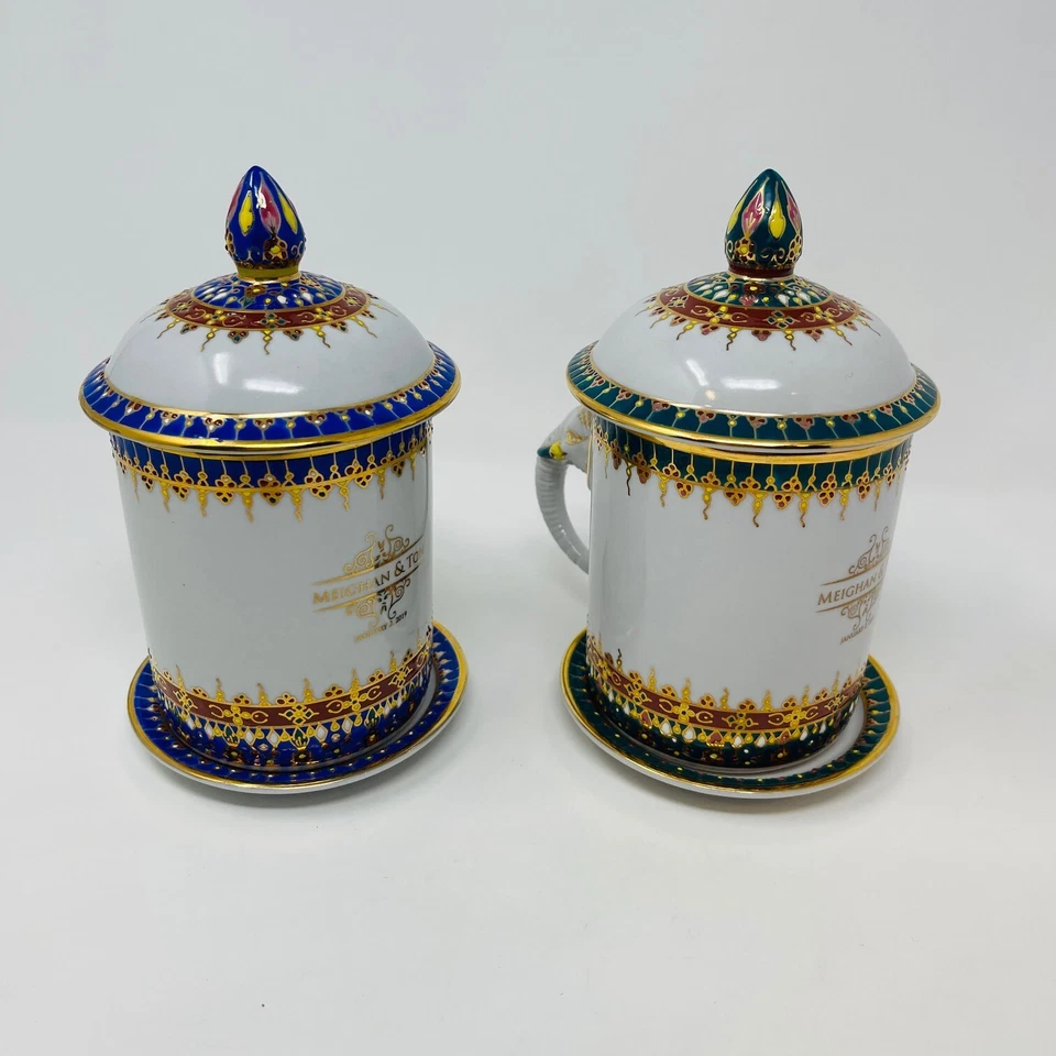 Taza Tailandesa Benjarong Elefante Dorado Azul Verde Blanco Café Porcelana Té Adornado Foto 4 de 4