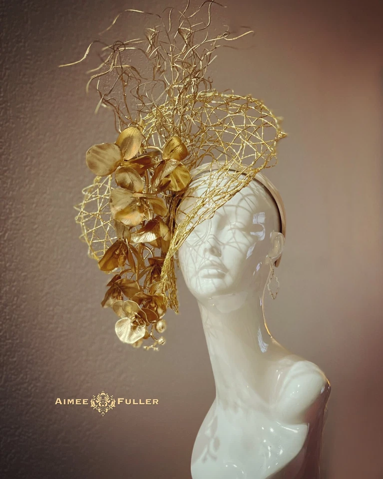 Kentucky Derby Hat Big Royal Ascot Fascinator Gold Floral Orchids Lady Gaga Hat - Image 3 of 4