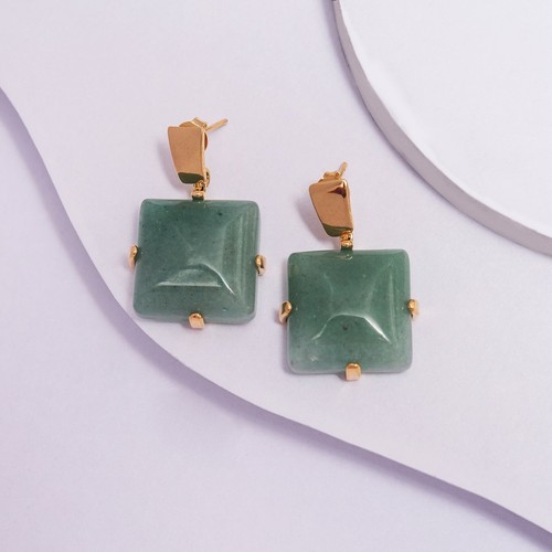 Yellow Gold Square Earrings for Women with Green Quartz, Cute Earring for Ladies - Picture 2 of 8